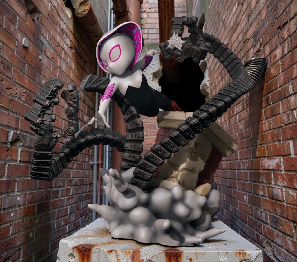 Gwen Aranha Chibi diorama — cenário beco