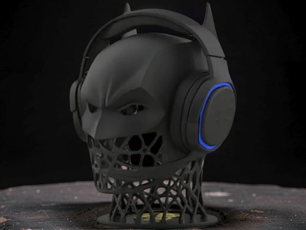 Suporte headset Batman — em uso na mesa