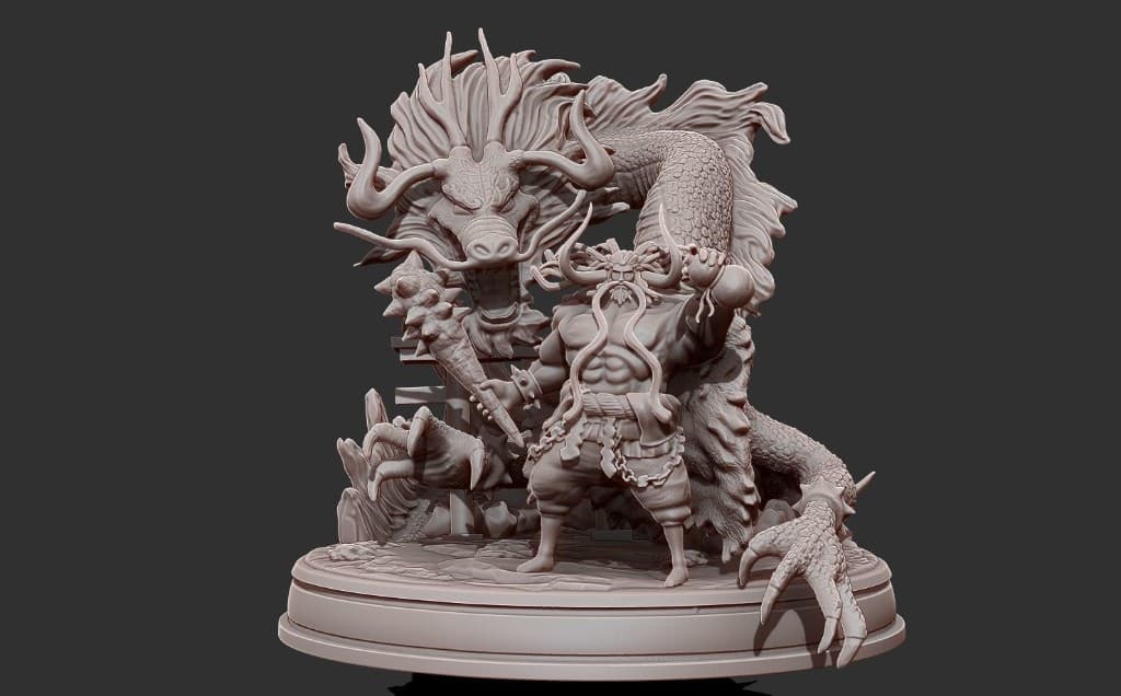 Kaido One Piece — escultura em cinza